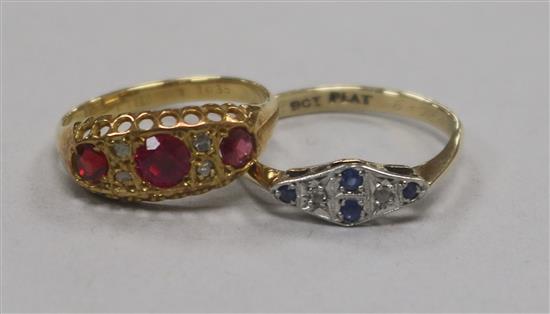 An early 20th century 18ct gold and gem set ring and a 1920s 9ct gold and gem set ring.